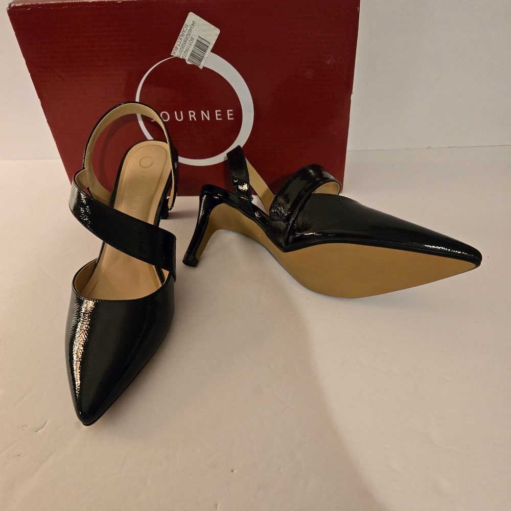 Journee Scarlett Pumps Womens 9 Black Excellent Patent Slingback Asymmetrical